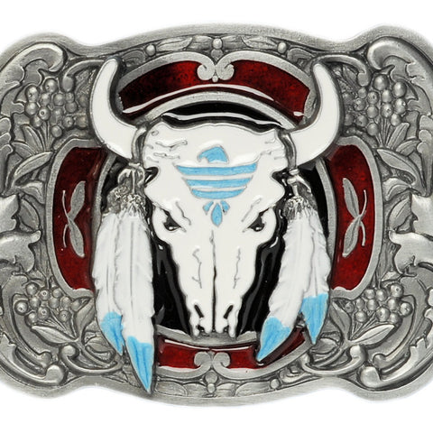 Buffalo Skull Feathers Red Belt Buckle