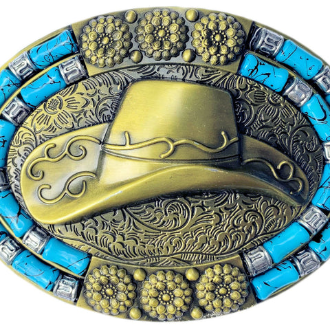 Cowboy Hat with Synthetic Stones Bronze Plated Belt Buckle