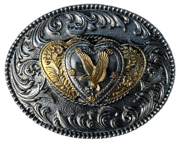 Oval Hearts Eagle Gold Silver Plated Belt Buckle