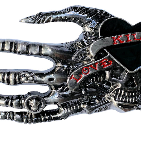 Skeleton Hand Skull with Black Heart Belt Buckle