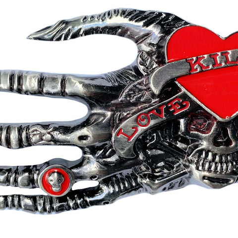 Skeleton Hand Skull with Red Heart Belt Buckle