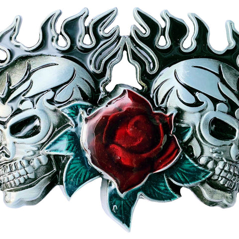 Skulls with Rose and Flames Belt Buckle