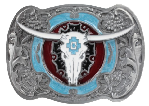 Steer Skull Blue Red Belt Buckle