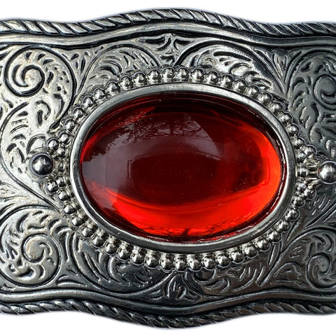 Western Belt Buckle Silver Rectangle Red Stone Cabochon