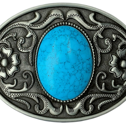 Western Belt Buckle with Blue Center Stone