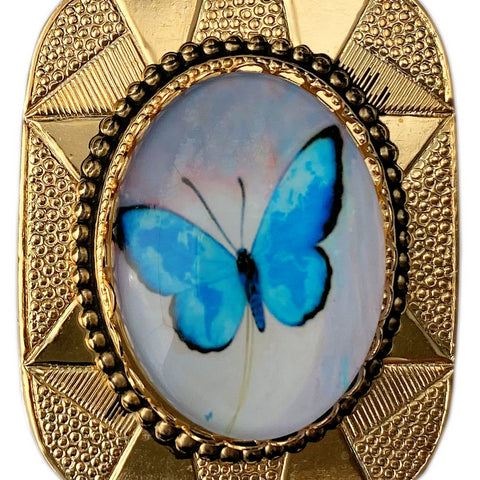 Western Bolo Tie Gold Blue Butterfly Cabachon