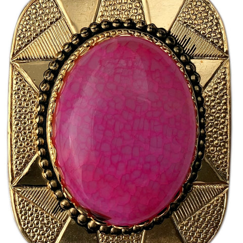 Western Bolo Tie Gold Real Pink Crackle Agate Cabochon Stone