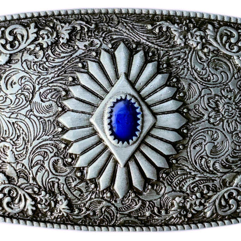 Western Rectangle Antique Pewter Plated with a Blue Stone Belt Buckle