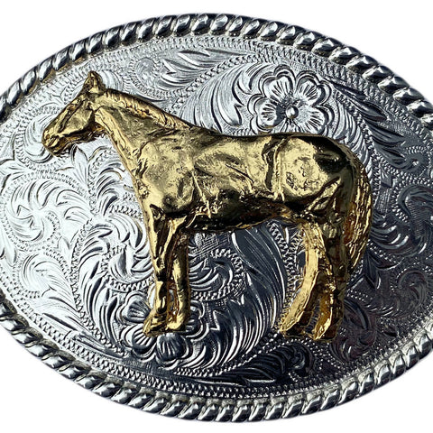 Western Silver Plated Belt Buckle Gold Plated Horse