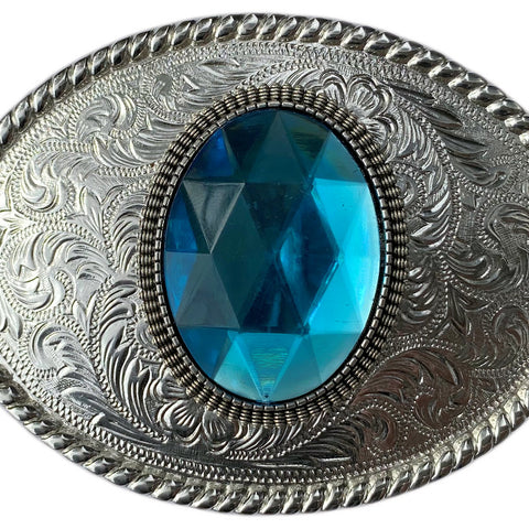 Western Silver Plated Belt Buckle with Light Blue Cabochon