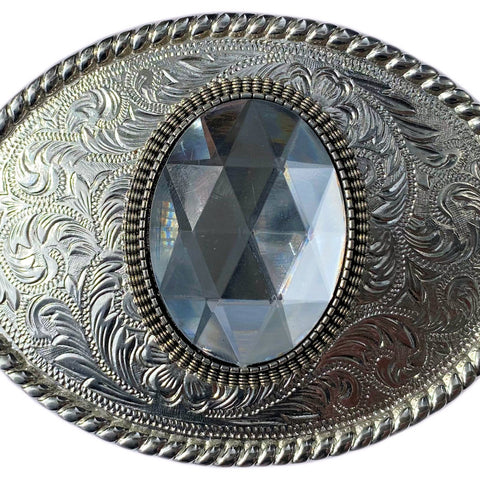 Western Silver Plated Bet Buckle with Crystal Clear Cabochon