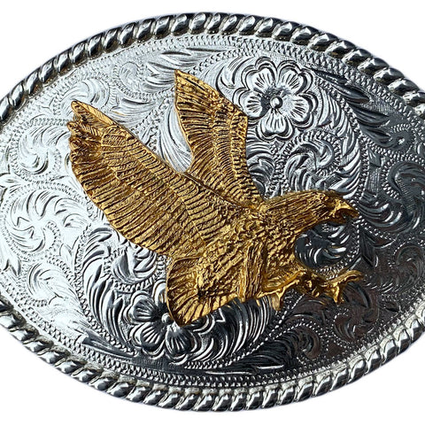 Western Silver Plated Trophy Belt Buckle Gold Plated Eagle Soaring