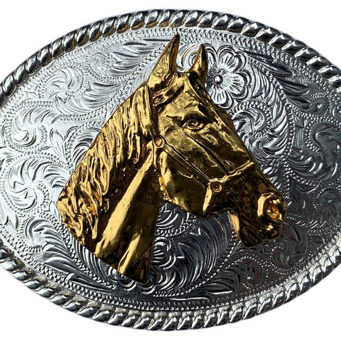 Western Style Silver Plated Trophy Belt Buckle Gold Plated Horse Head