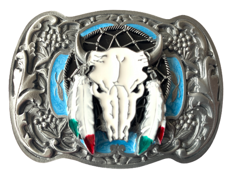 Buffalo Skull Feathers Blue Belt Buckle