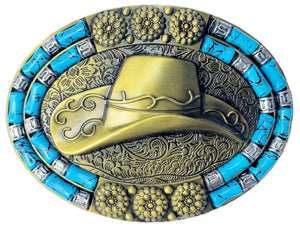 Cowboy Hat with Synthetic Stones Bronze Plated Belt Buckle