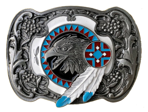 Eagle Head with Feathers White Belt Buckle