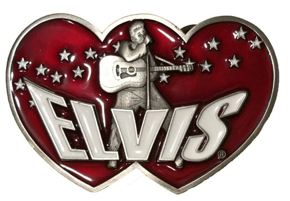 Elvis Double Heart Dark Red Belt Buckle