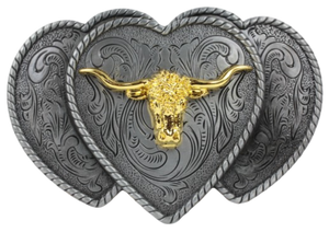 Gold Bulls Head on 3 Hearts Belt Buckle