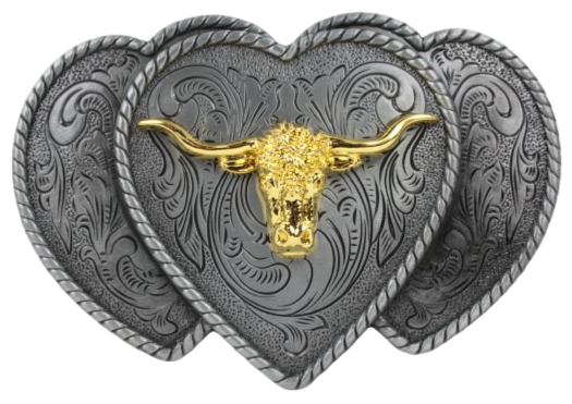 Gold Bulls Head on 3 Hearts Belt Buckle