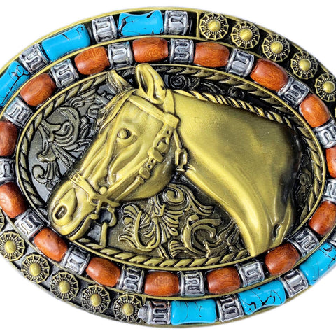 Horse Head with Synthetic Beads Antique Bronze Plated Belt Buckle