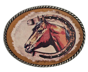 Horse and Horseshoe Leather Trophy Belt Buckle
