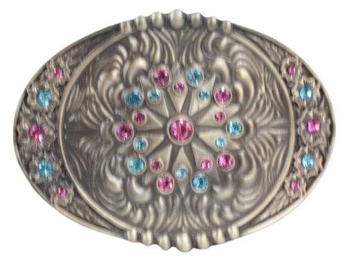 Montana Silversmiths Flower Swirl Blue & Pink Rhinestone Accented Belt Buckle