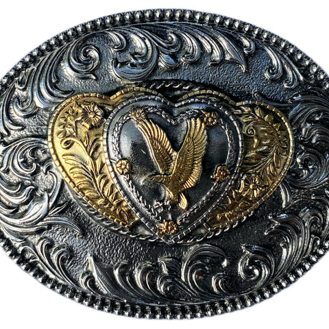 Oval Hearts Eagle Gold Silver Plated Belt Buckle