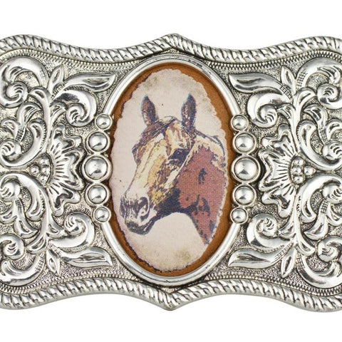 Rope Edge Leather Insert Horse Head Belt Buckle