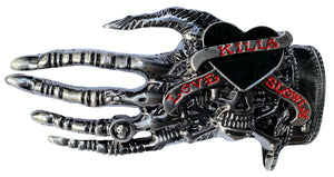 Skeleton Hand Skull with Black Heart Belt Buckle