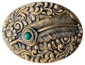 Solid Brass Oval Feather with Turquoise Stone Belt Buckle