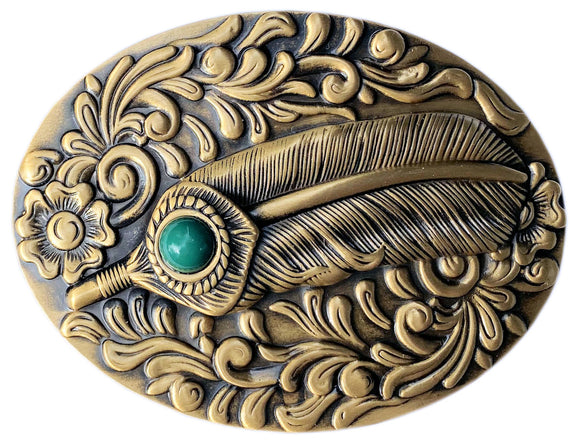 Solid Brass Oval Feather with Turquoise Stone Belt Buckle