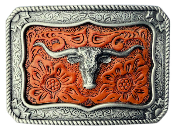 Steer Head with Carved Leather Belt Buckle