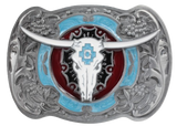 Steer Skull Blue Red Belt Buckle