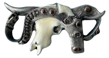 Steer Skull Six Shooter Belt Buckle