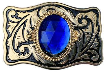 Western Belt Buckle Gold Black Blue Stone Cabochon 