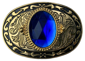 Western Belt Buckle Gold Blue Stone Cabochon 
