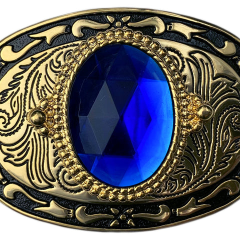 Western Belt Buckle Gold Blue Stone Cabochon 