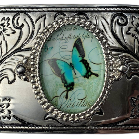 Western Belt Buckle Silver Blue Butterfly Cabochon