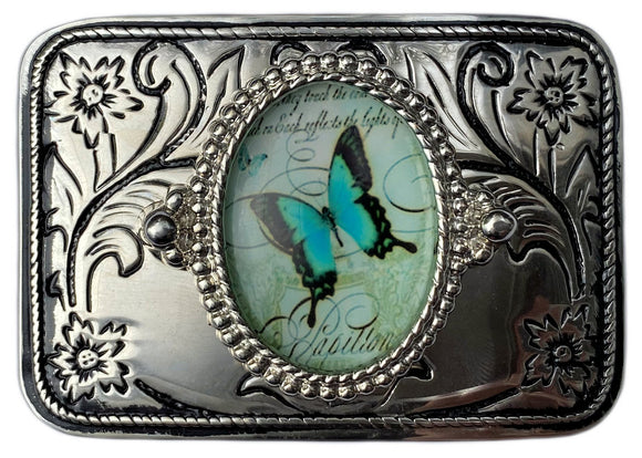 Western Belt Buckle Silver Blue Butterfly Cabochon