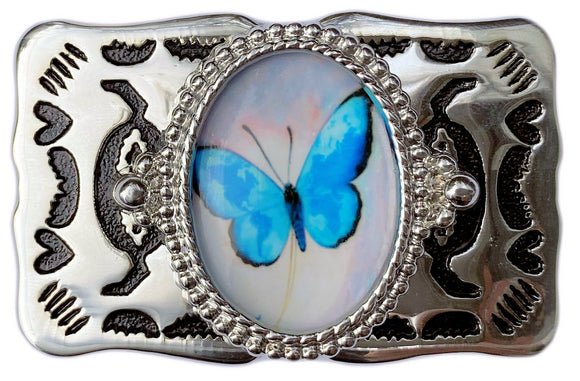 Western Belt Buckle Silver Blue Butterfly Cabochon
