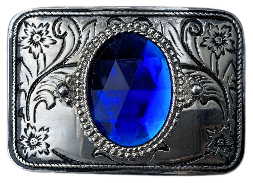 Western Belt Buckle Silver Rectangle Blue Stone Cabochon 