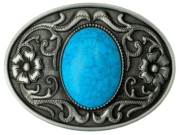 Western Belt Buckle with Blue Center Stone