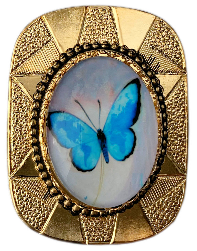 Western Bolo Tie Gold Blue Butterfly Cabachon