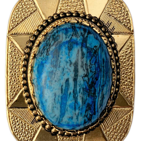Western Bolo Tie Gold Blue Ripple Jasper Stone Cabochon