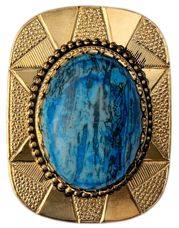 Western Bolo Tie Gold Blue Ripple Jasper Stone Cabochon