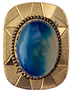 Western Bolo Tie Gold Real Blue Striped Agate Cabochon Stone