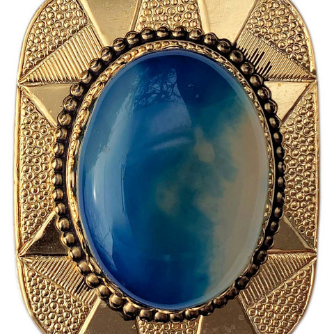 Western Bolo Tie Gold Real Blue Striped Agate Cabochon Stone