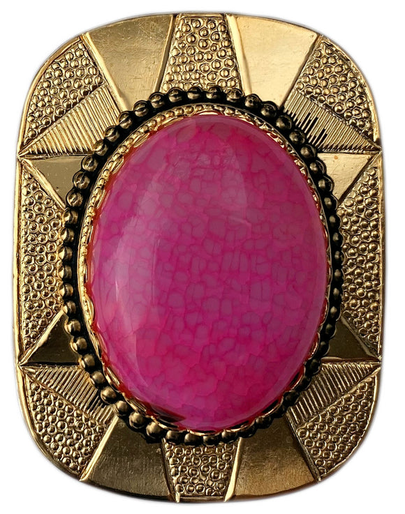 Western Bolo Tie Gold Real Pink Crackle Agate Cabochon Stone