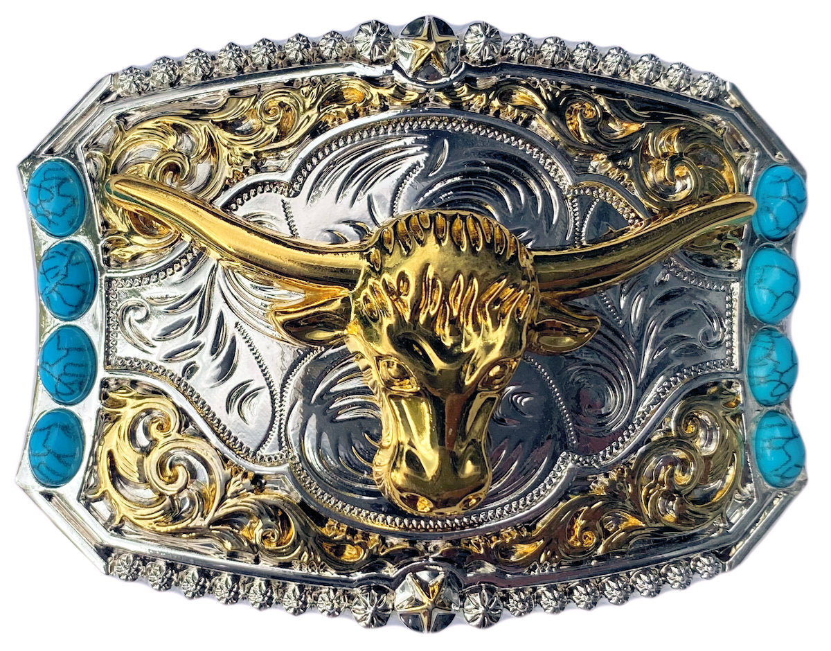 Bull turquoise silver belt KorhLeoh Vintage Turquoise-Buckle-Engraved-Cowgirl-Belts  main image 2