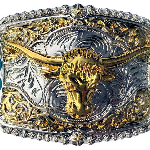 Western Bull Head Gold & Silver Plated with Turquoise Stones Belt Buckle